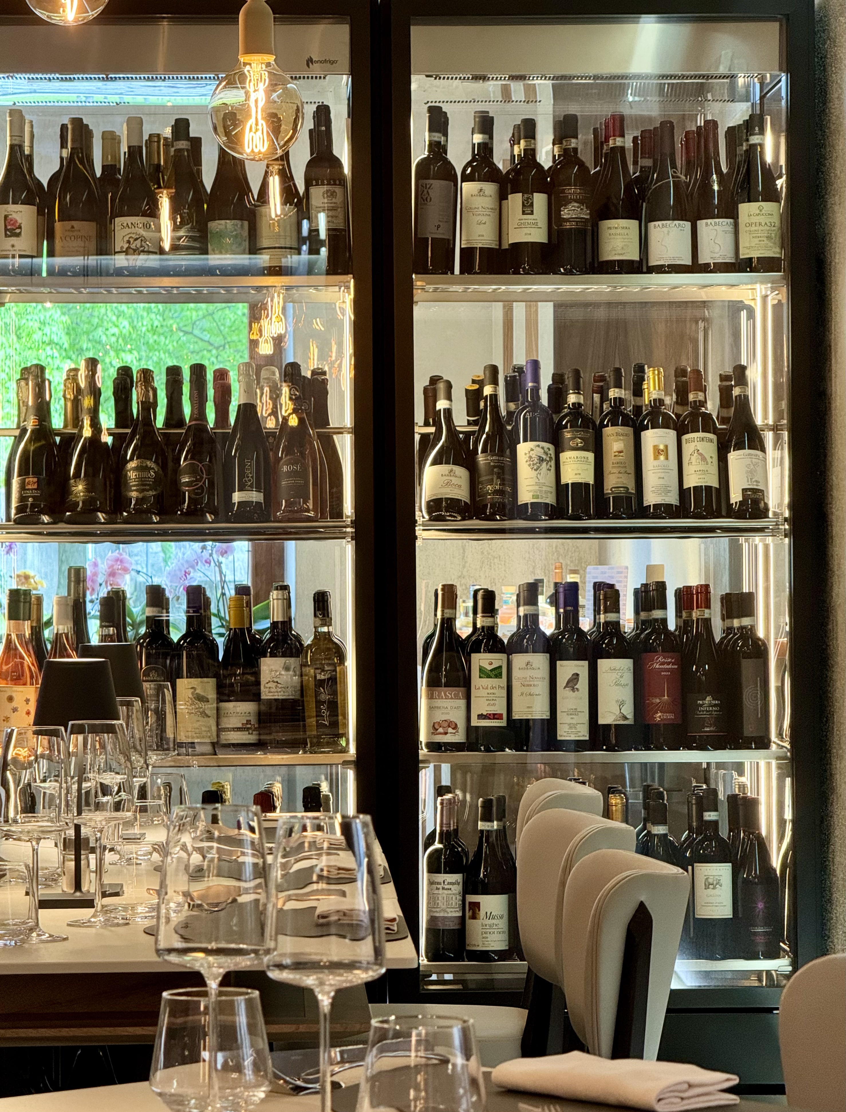 Illuminated wine cellar at Marconi Restaurant